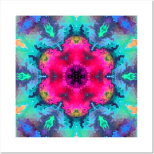 Psychedelic Mandala Flower Pink Blue and Green Posters and Art